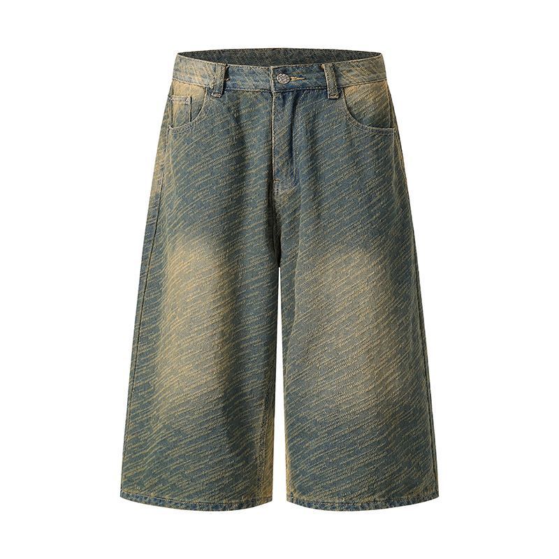 Abbigliamento da uomo, jeans larghi in jacquard, pantaloncini in denim neutri dritti, pantaloni a gamba larga e cropped_voghion.com