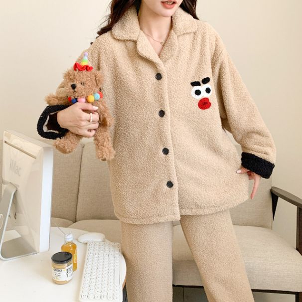 Halbflanell-Pyjama für Damen mit lächelnden Gesichtern, lässiger Winter-Internet-Prominenter, dicke Samtknöpfe für Männer und Frauen,_voghion.com