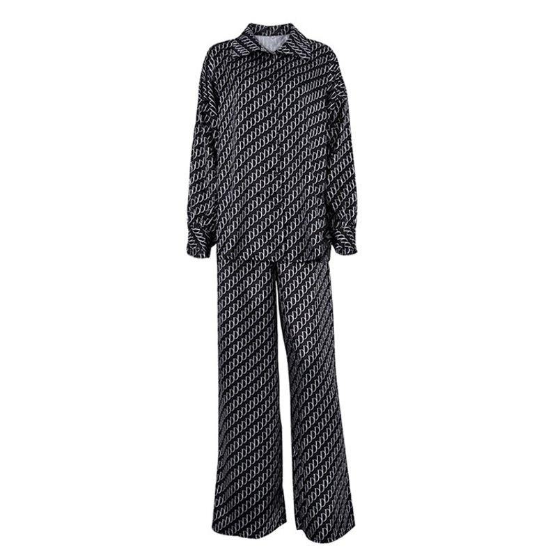 Damenbekleidung Frühling High-End Langarm lockeres Hemd und Hose zweiteiliger Satin bedruckter Anzug_voghion.com