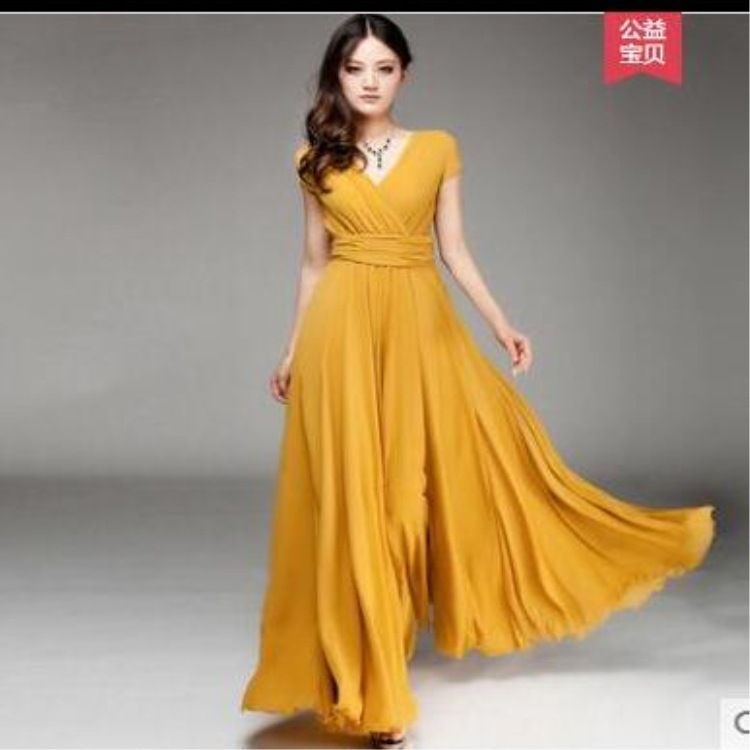 Damenbekleidung Beliebtes Kleid mit V-Ausschnitt und kurzen Ärmeln im Bohemian-Stil aus Chiffon mit Taille_voghion.com