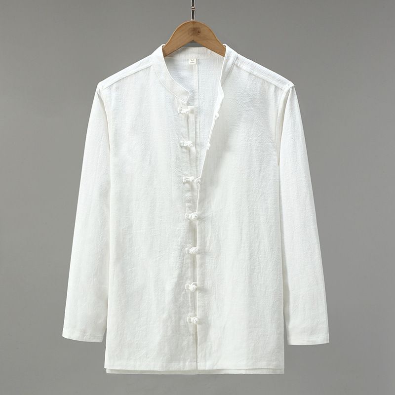 Langarmhemd Herren Retro Lose Baumwolle und Leinen Button Up Stehkragenhemd Herrenmantel_voghion.com