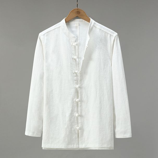 Langarmhemd Herren Retro Lose Baumwolle und Leinen Button Up Stehkragenhemd Herrenmantel_voghion.com