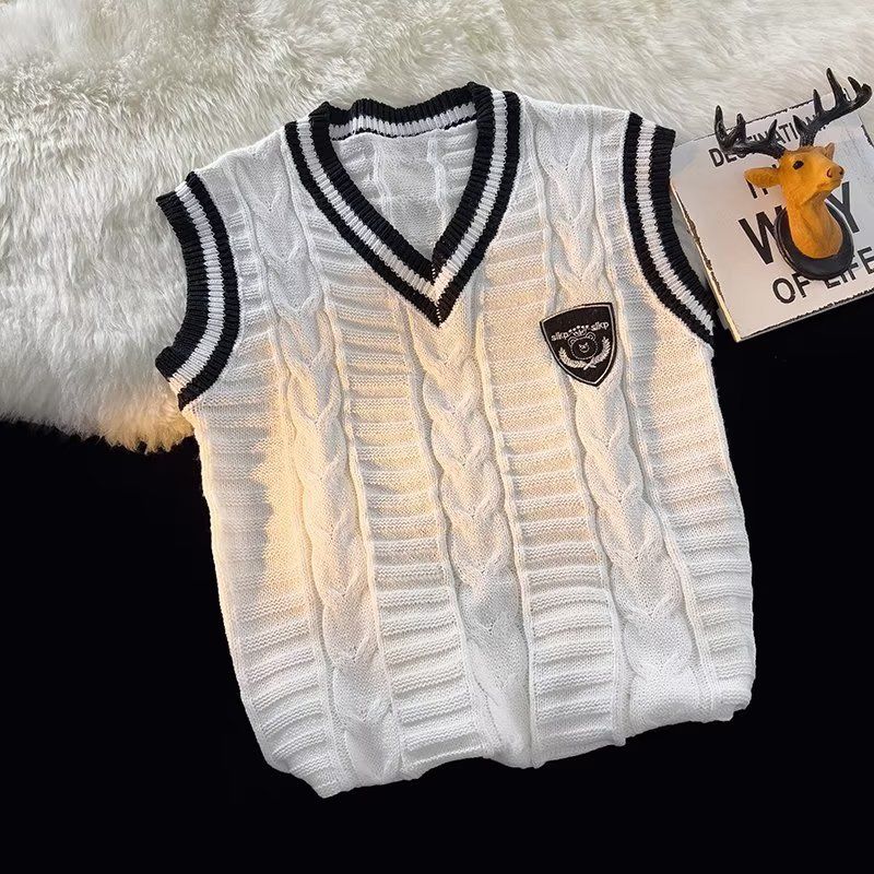 Männerkleeder V-Hals Pulloverweste Männer Trendy Mark Modesch College-Stil Ärmlos Weste Gestrickte Weste Äusserweste Jackett_voghion.com