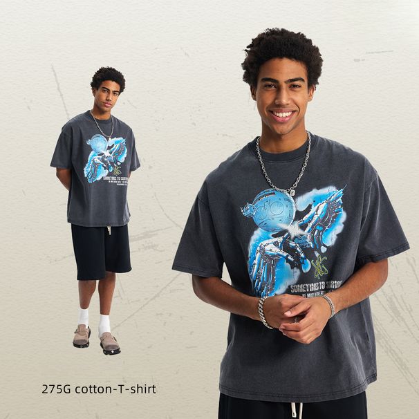 Printed Men's Short-sleeved T-shirt American Retro Destruction Loose Men's T-shirt_voghion.com