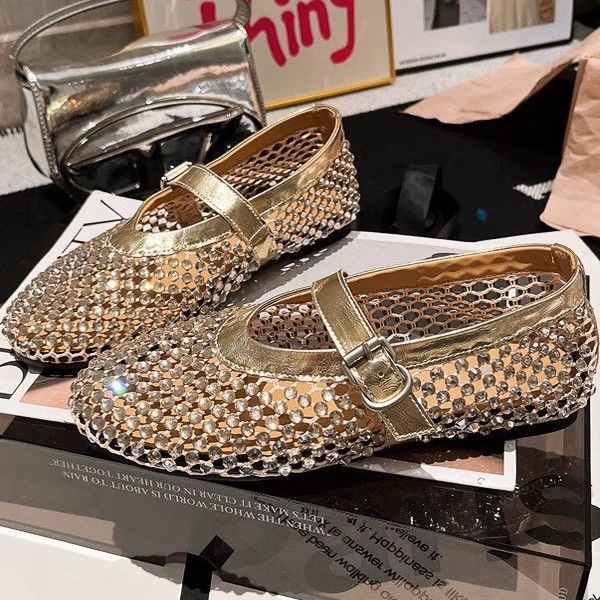 Scarpe basse da donna con cinturino singolo, con tacco basso, in rete con strass e trafori, estive, nuove_voghion.com