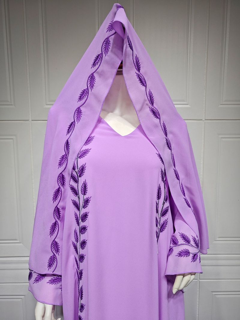 Robe longue en mousseline de soie pour femmes, tenue musulmane brodée rose, col rond, avec hijab_voghion.com
