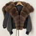 Unique Short Puffer Jacket With Fox Fur Trim, 96% White Duck Down, Grey & Black Winter Coat For Women_voghion.com