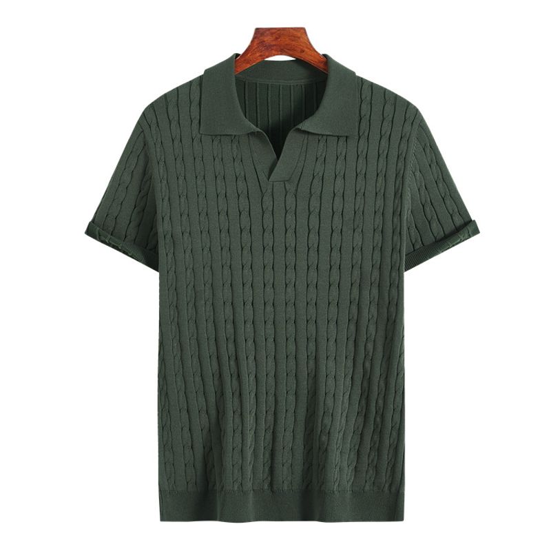 Suéter deportivo de manga corta estilo antiguo con cuello de gaviota, versátil, de jacquard, holgado y sencillo para hombre_voghion.com