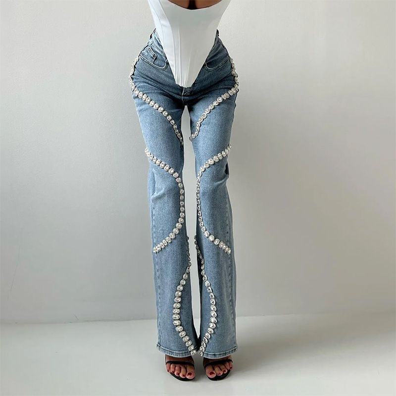 Women's Clothing Jeans Spring Ring Rhinestone Splicing Design Straight Trousers_voghion.com