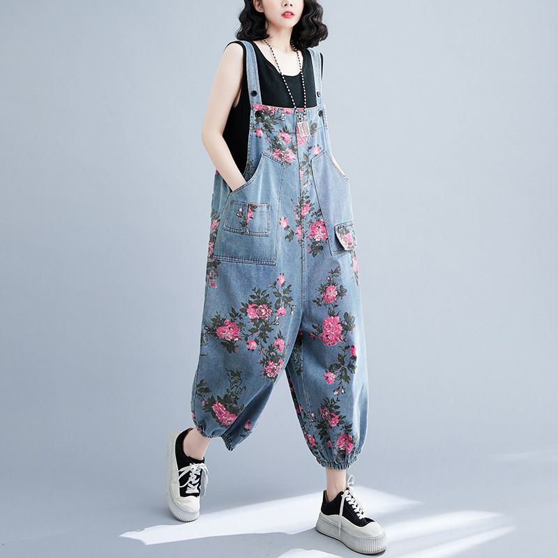 Women's Age-reducing printed denim overalls for women summer 2023 new large size fat mm stylish suspenders leggings jumpsuit_voghion.com