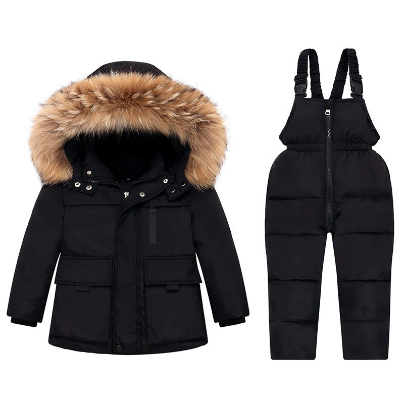 Kids' Winter Puffer Set – 2-Piece Hooded Jacket & Overalls (50% Duck Down, 90-120cm, Black, Unisex)_voghion.com