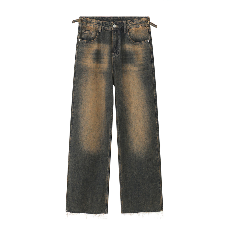 EF JEANS | 2023 New Product Straight Hong Kong Style Retro Old Rust Earth Color Rough Edge Denim Trousers For Men And Women_voghion.com