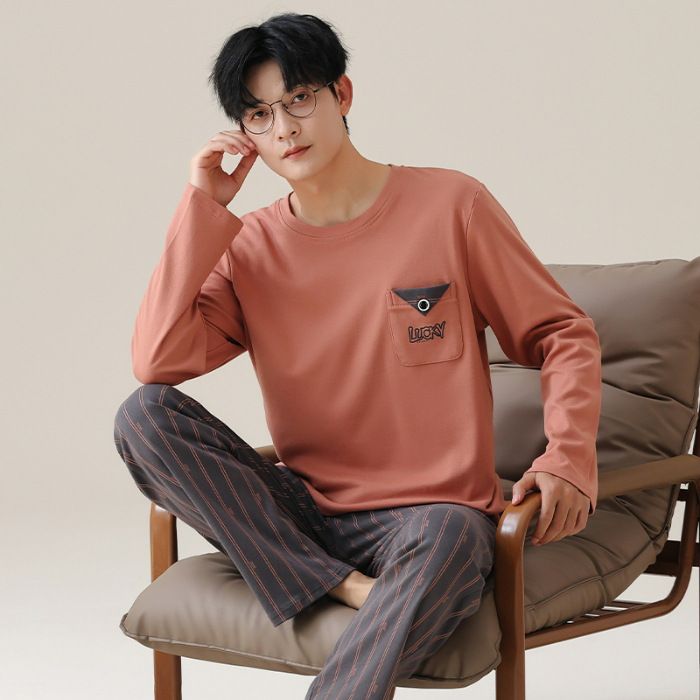 Pijama masculino de primavera, conjunto de calças de manga comprida pura, outono todo em algodão solto e casual, pode ser usado externamente em casa_voghion.com