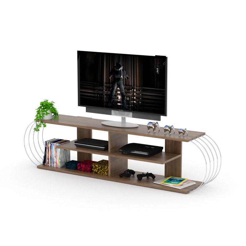 FurnisHome Store Mid Century Modern Tv Stand 4 Shelves Open Storage Entertainment Centre 68 Inch Tv Unit, Walnut/Chrome_voghion.com