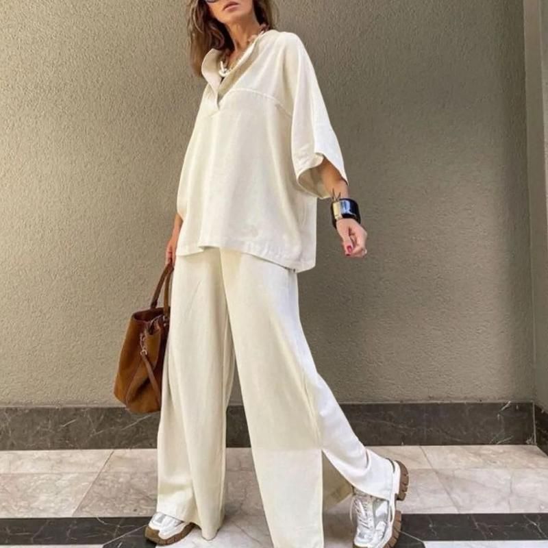 Traje de pantalón ancho de moda informal de color liso para otoño e invierno_voghion.com