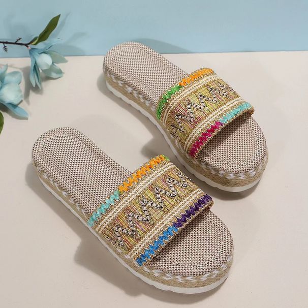 New Wide Width Women's Platform Peep-Toe Sandals - Boho Ethnic Jute Rope Candy Color Flip Flops (Comfortable Thick Sole Summer Beach Slippers)_voghion.com