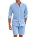 Adatto a tutte le stagioni, camicia da uomo in lino con bottoni, pantaloncini a maniche lunghe, cardigan, semplice e casual, completo da spiaggia._voghion.com