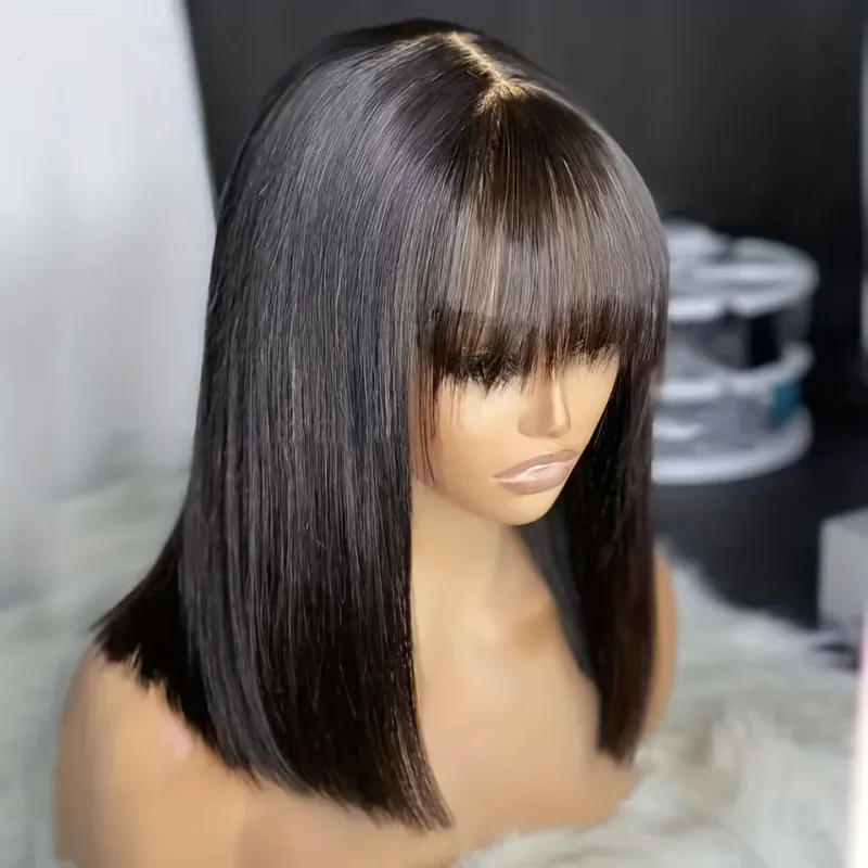 Kurze Bob-Perücken, Mittelteil, Spitzenperücke, Echthaar mit Pony, für Frauen, brasilianisch, 100 %_voghion.com