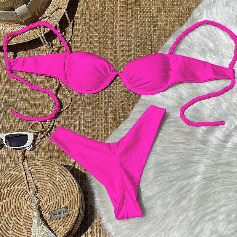 Dammekleeder Bikini mat klenger Broscht, Stahlënnerstëtzung, gesammelt Badekostüm, gespléckt, sexy, geflochtene Riemen, Mier-Badekostüm_voghion.com