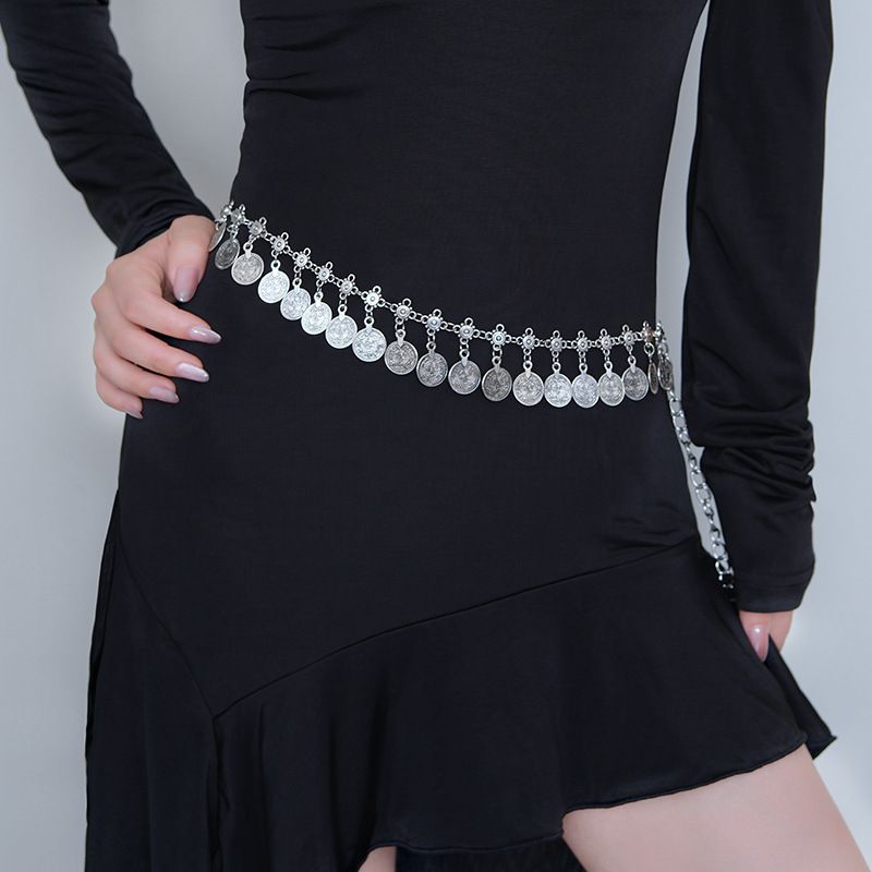 Zilveren metalen munthanger tailleketting voor vrouwen, kwastje lange jurk riem_voghion.com
