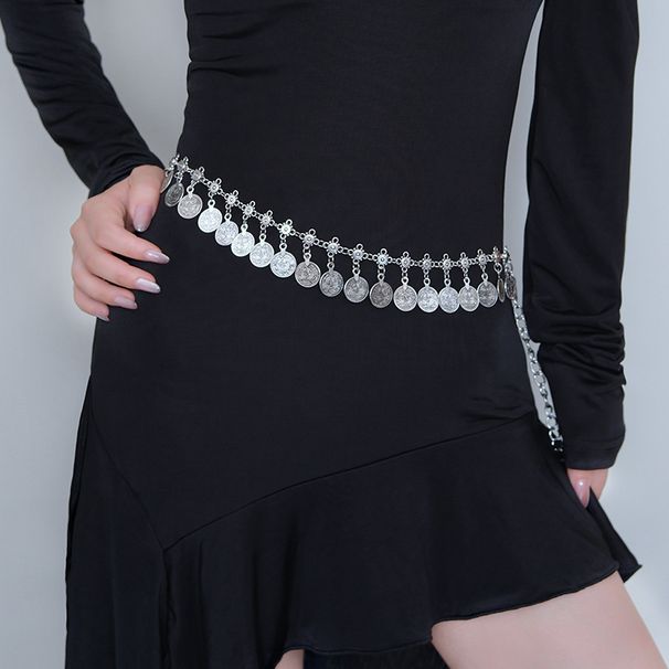 Zilveren metalen munthanger tailleketting voor vrouwen, kwastje lange jurk riem_voghion.com
