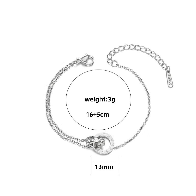 Korean Style Inlaid Diamond Roman Numerals Double Interlocking Bracelet Women Titanium Steel Rose Gold Plated Simple_voghion.com