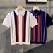 Herrkläder Casual personlighet färgmatchning vertikal randig pikétröja herr sommar kortärmad mode retro smal krage T-shirt herr toppar_voghion.com