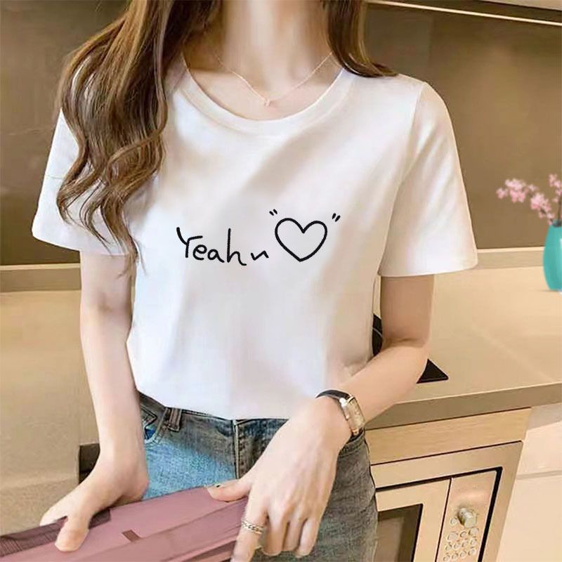 White short T-shirt for 2024 new summer Korean version women's loose and simple half sleeved Instagram printed top_voghion.com