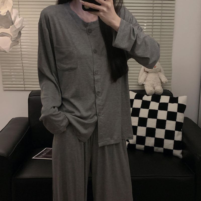 Autumn new pajamas for women, comfortable long sleeved cardigan, home clothes, thin design, solid color, simple_voghion.com