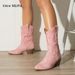 Vintage Pink Cowboy Boots For Women - Pointed Toe Embroidered Mid-Calf Boots With Chunky Heel (Wide Width Available)_voghion.com