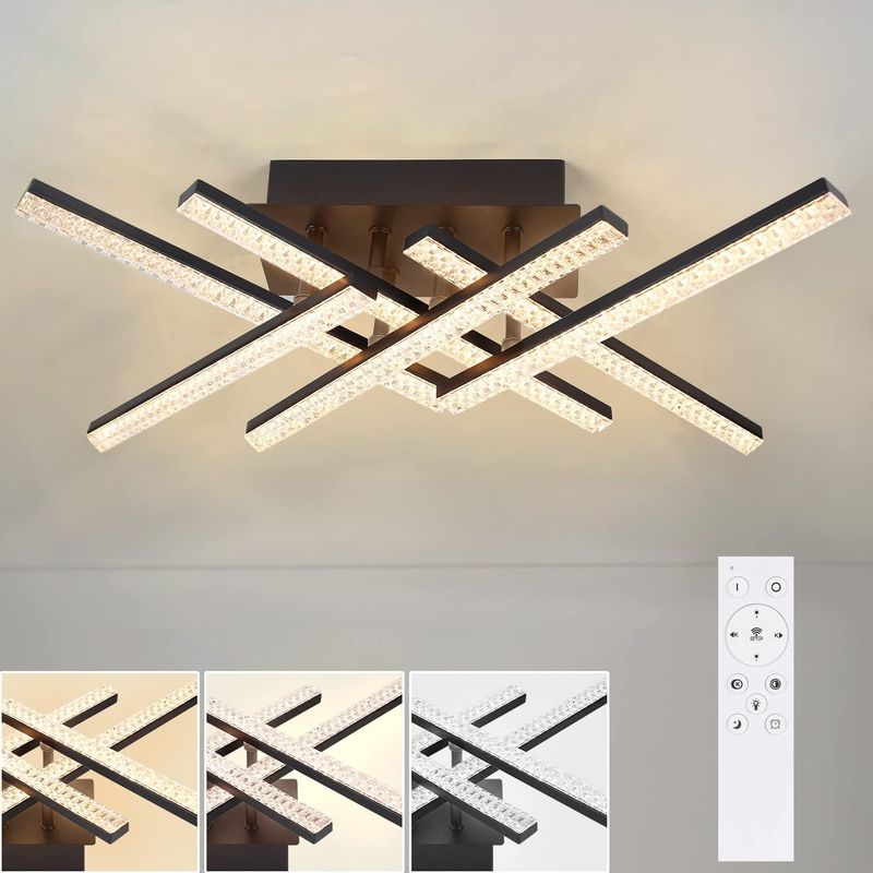 Glitzerlife Deckenlampe LED Deckenleuchte Schwarz - 52CM Dimmbar Wohnzimmerlampe Modern 36W Design Flurlampe Schlafzimmerlampe Metall Kristall Deckenbeleuchtung_voghion.com