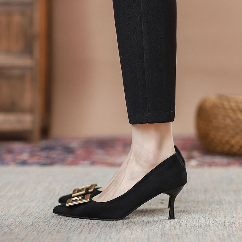  women's shoes with pointed toe buckles, black women's single shoes, spring and autumn new styles, shallow mouth temperament shoes, 5 cm and 7 cm_voghion.com