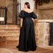 Elegant Off-Shoulder Evening Gown – Stretch Satin Formal Dress With Deep V-Neck (Plus Size 0XL-4XL, Black Velvet Finish)_voghion.com