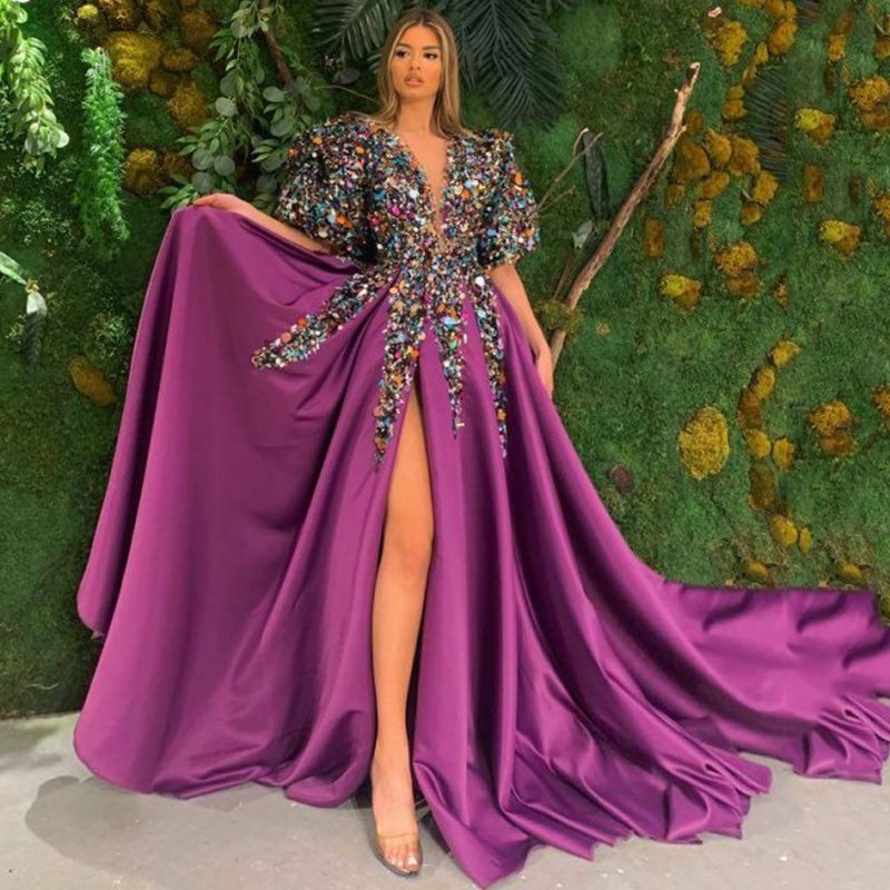 2024 Nouvelle robe pour femme à paillettes avec grand ourlet fendu et col en V pour banquet et soirée_voghion.com