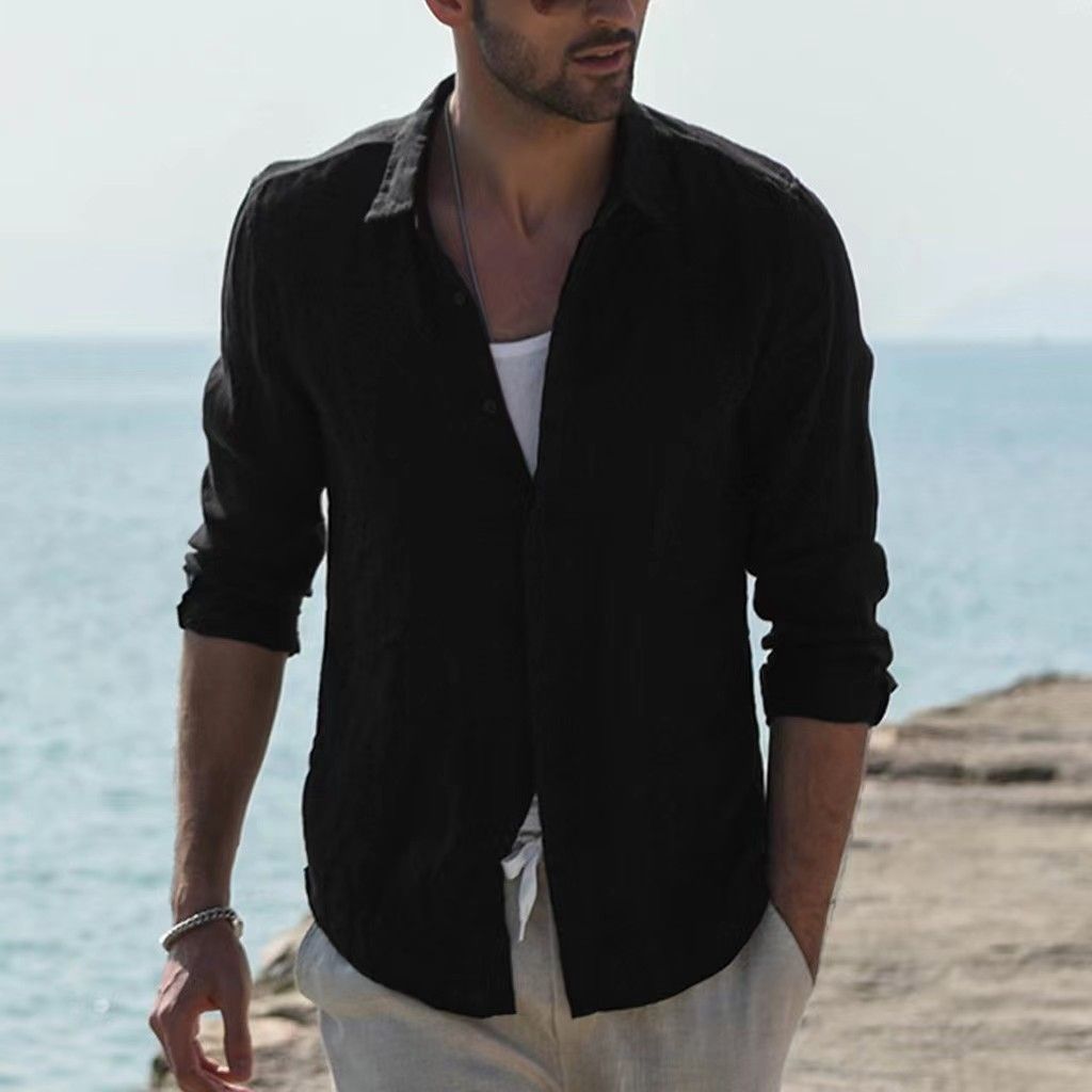 cardigan con colletto rialzato retrò da uomo nuova camicia casual in cotone e lino tinta unita camicia maschile camicia maschile_voghion.com