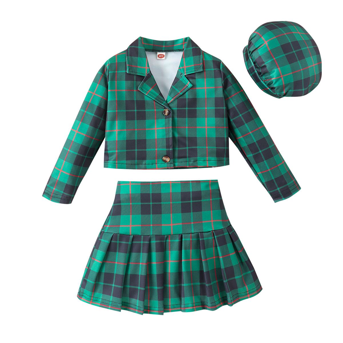 Kinderkleidung, karierte Anzugjacke für Mädchen im Herbst/Winter + karierter Faltenrock mit Hutanzug_voghion.com