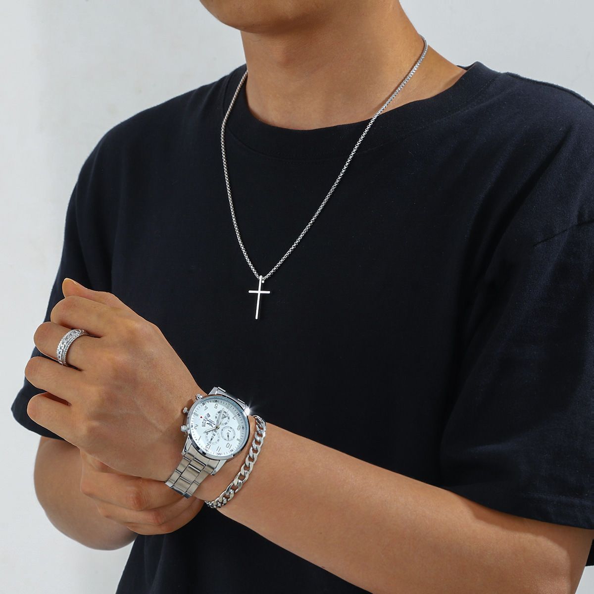 Orologio di alta qualità in stile hip-hop con cinturino in acciaio, al quarzo, a tre occhi, nuovo, con croce in argento, collana, anello, catena cubana_voghion.com
