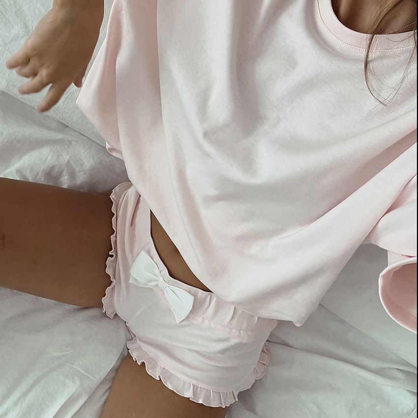 Pyjamas pour femmes, hauts tricotés à col rond et short à volants, couleur unie, confortables et amples, vêtements de maison_voghion.com