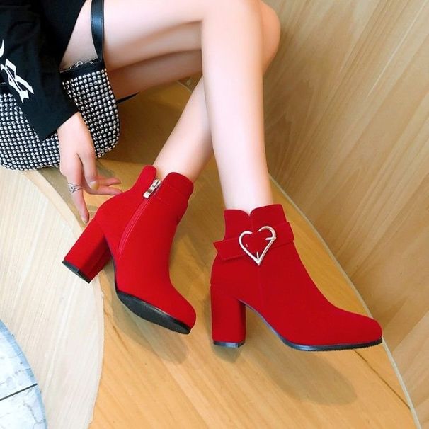 Short Suede Lined Single Boots Round Toe Large Size Autumn Winter New Red Wedding Shoes Chunky Heel High Heels Fashion_voghion.com