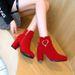 Short Suede Lined Single Boots Round Toe Large Size Autumn Winter New Red Wedding Shoes Chunky Heel High Heels Fashion_voghion.com