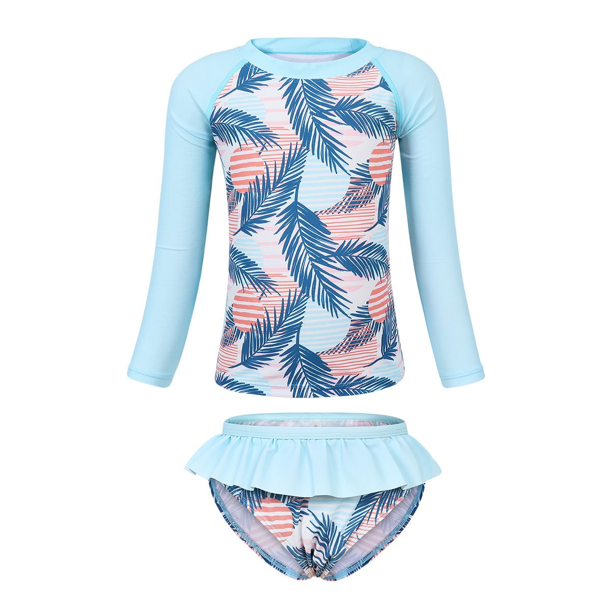 Mutter & Kinder Grenzüberschreitender langärmliger Bikini für Mädchen mit Blattdruckmuster, Sonnenschutz, schnelltrocknender, atmungsaktiver Split-Badeanzug_voghion.com