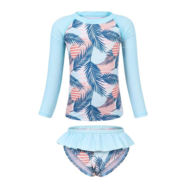 Mutter & Kinder Grenzüberschreitender langärmliger Bikini für Mädchen mit Blattdruckmuster, Sonnenschutz, schnelltrocknender, atmungsaktiver Split-Badeanzug_voghion.com