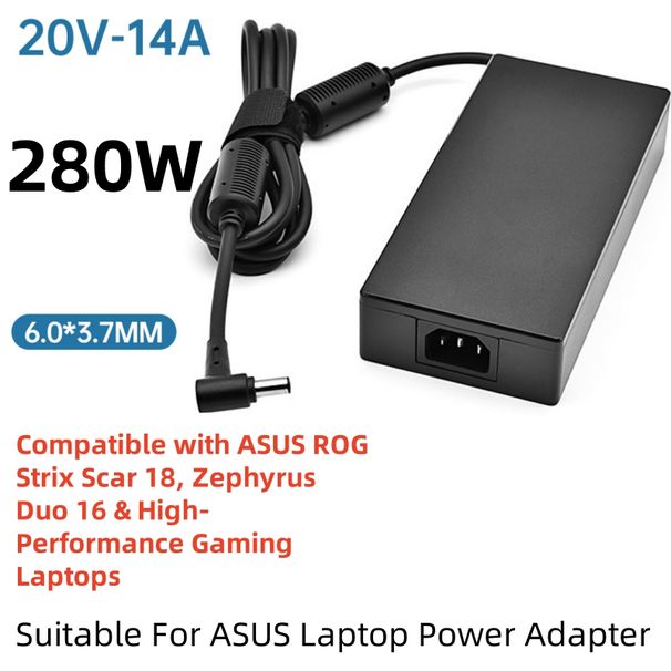 Adattatore di alimentazione da 280 W adatto per laptop ASUS Caricabatterie da 20 V 14 A con 6,0 x 3,7 mm Compatibile con ASUS ROG Strix Scar 18, Zephyrus Duo 16_voghion.com