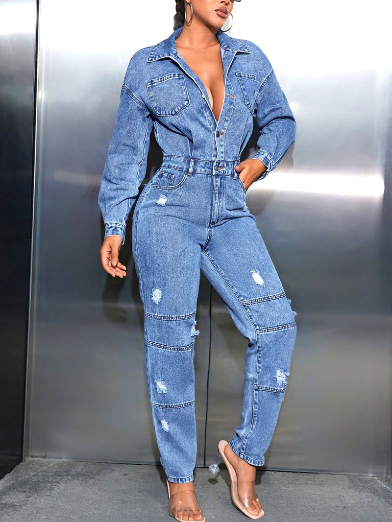 Women's Clothing Ins Casual Commuting Slim Jumpsuit Ripped Denim_voghion.com