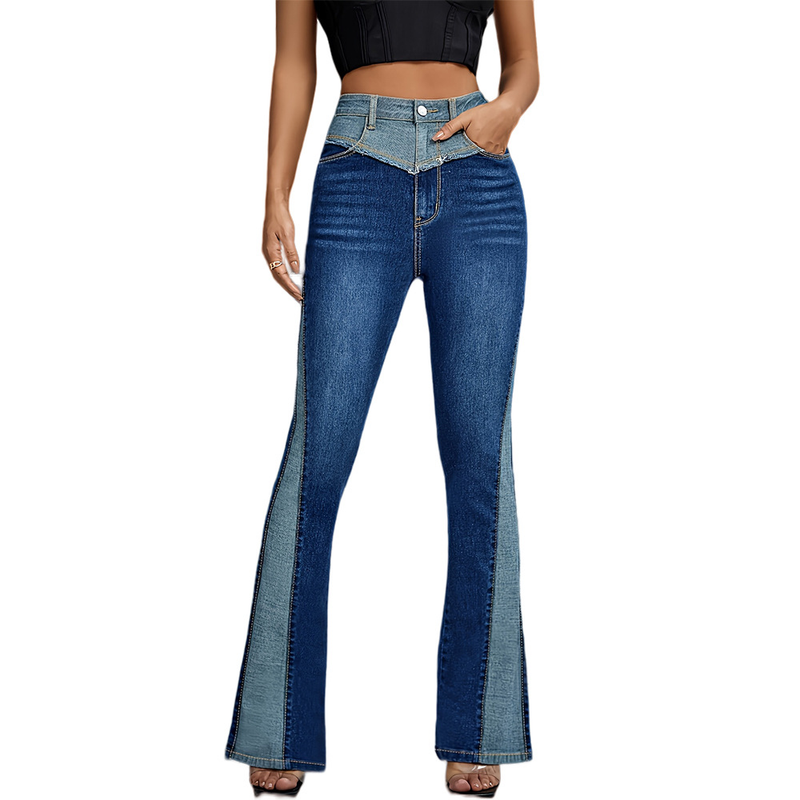 2025 Spring/Summer New Micro Pull American Jeans Fashionable Splicing Color Contrasting Waist Shows Thinning, High Drop_voghion.com