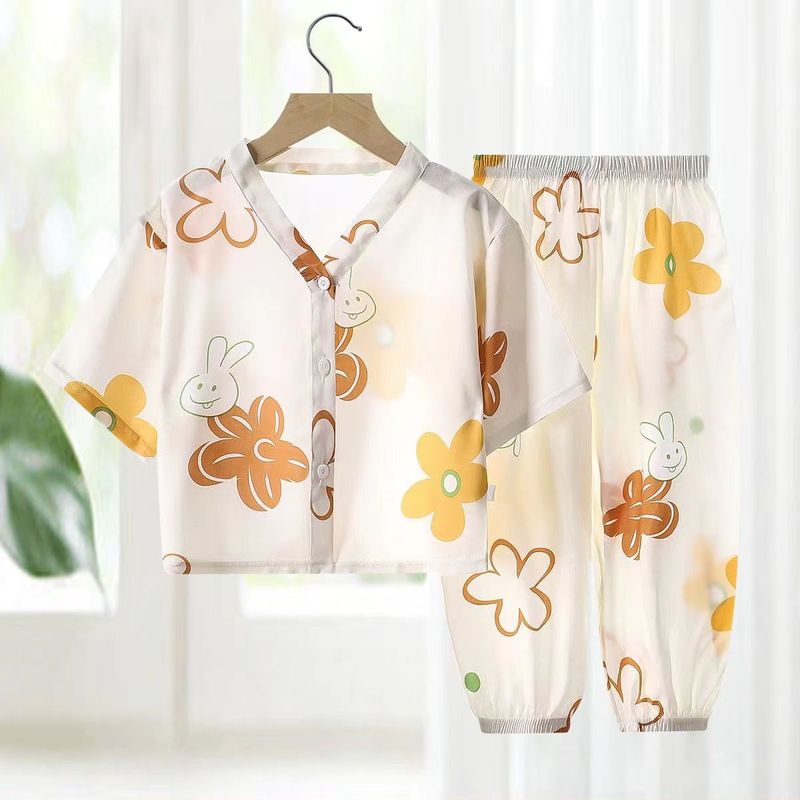 Pyjama en coton et soie pour enfants, manches trois-quarts, vêtements de maison pour garçons et filles, vêtements climatisés, vêtements d'été_voghion.com