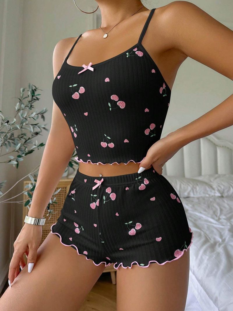 Women's Clothing Summer Suspender Elastic Shorts Pajamas Set Jacquard Printed Women's Home Clothes_voghion.com