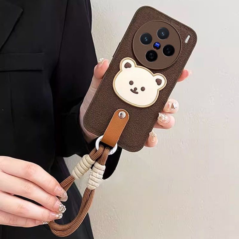Custodia per telefono a forma di orso per Vivo X200/X200Pro - Custodia antiurto in silicone integrale con tracolla, motivo a cratere lunare marrone e cordino regolabile_voghion.com