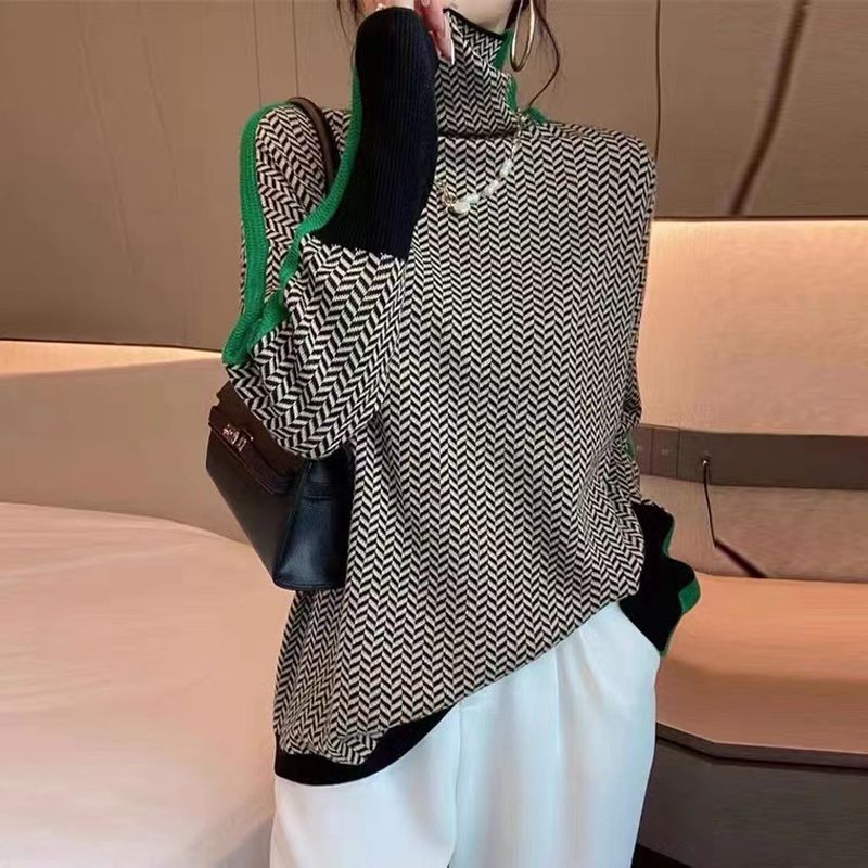 Camicia da donna con fondo in cashmere, collo in pile, sciolto e pigro, autunno e inverno, maglione a collo alto a quadri con mille uccelli_voghion.com