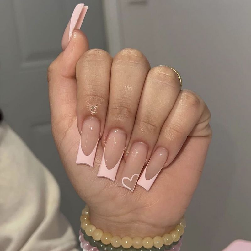Nails 24 uñas postizas largas de ataúd con purpurina de diamantes de imitación, cubierta completa francesa rosa, prensa en uñas Wearabl_voghion.com